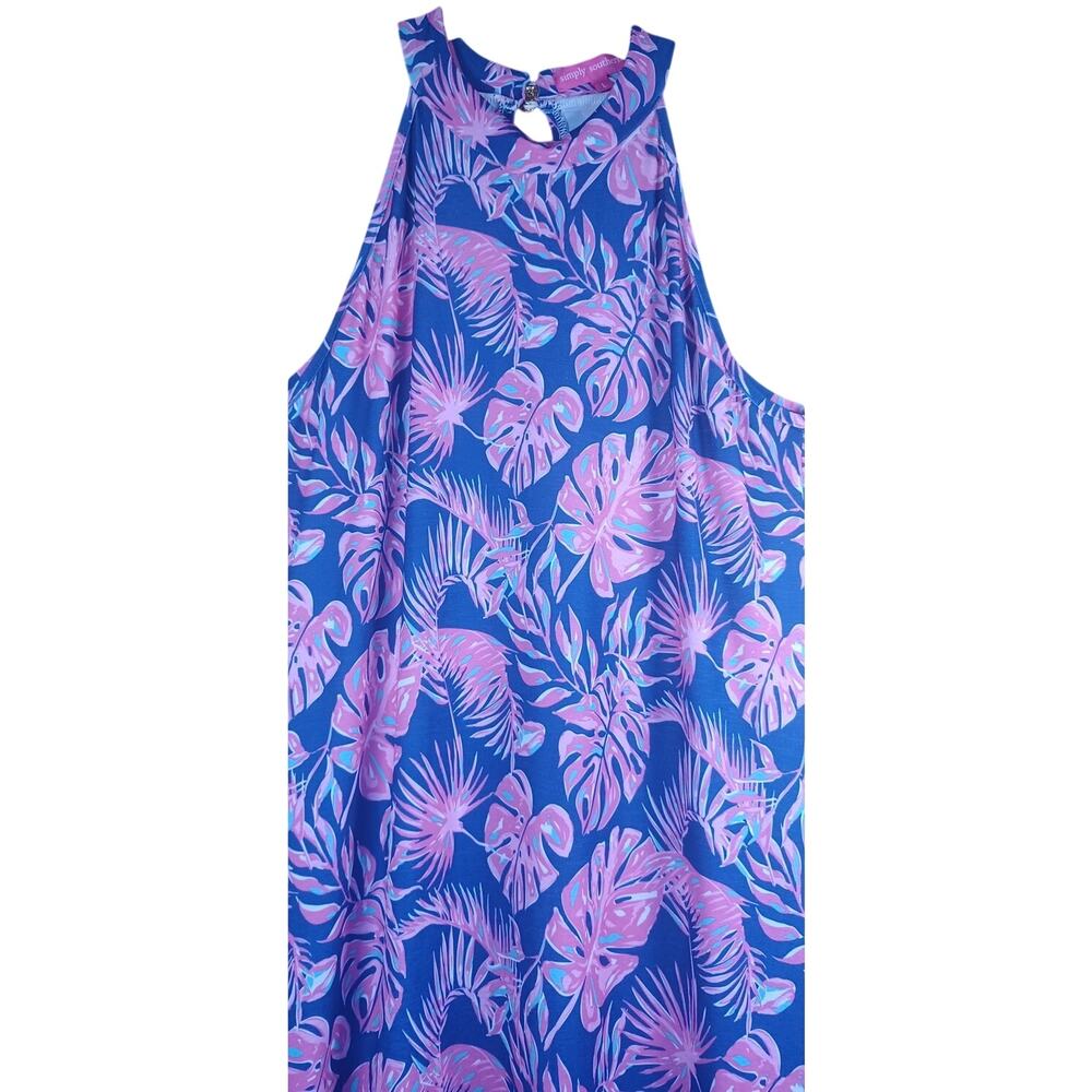Simply Southern Tropical Palm Leaf Halter Maxi Dress Blue Pink Resort Beach L - Picture 6 of 9